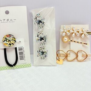 Elegant Gold, Pearl,Black Rhinestone clawHair Accessory + Japanese Hair Tie Set